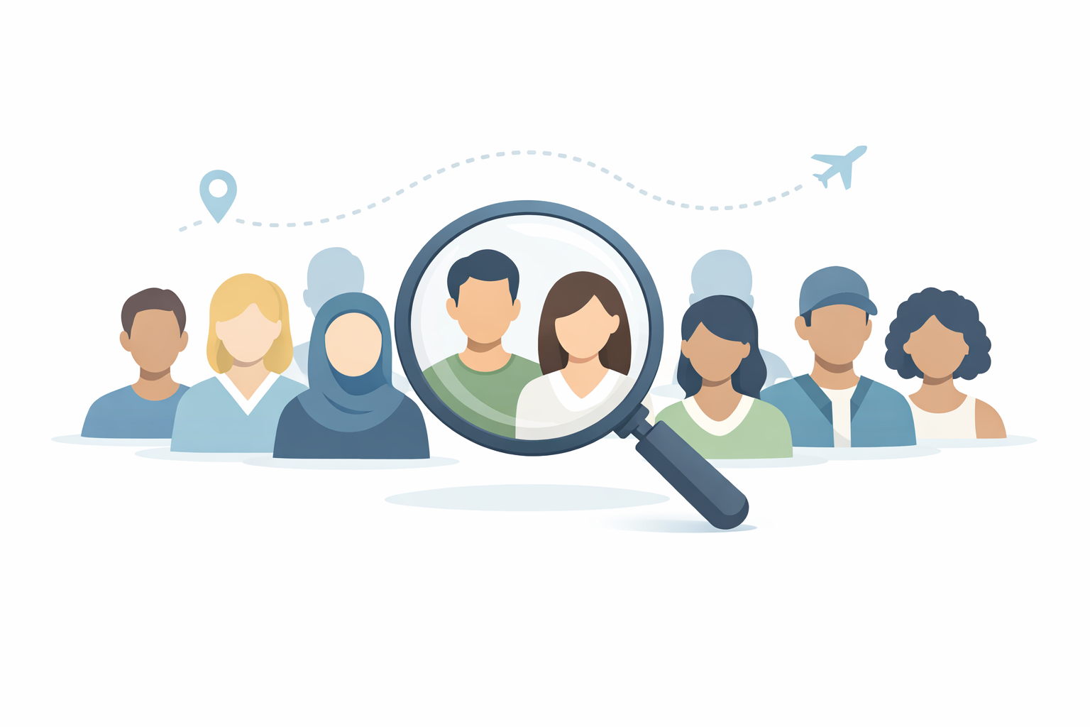 Illustration of a diverse group of people, with a magnifying glass highlighting a man and woman in the center, suggesting search, selection, or audience targeting.