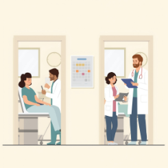 Two side-by-side exam rooms with doctors and patients